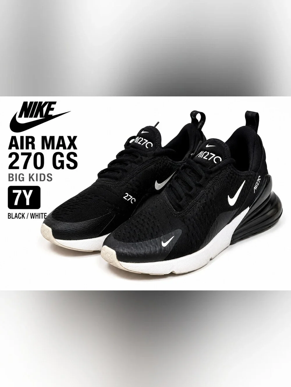 Nike Air Max 270 GS Big Kids 7Y Black White 943345-001 Sneakers